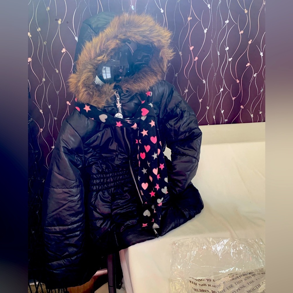 Rothchilds Kids Black Puffer Jacket with Faux Fur Trim